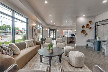 Bright lobby with comfortable seating and modern decor